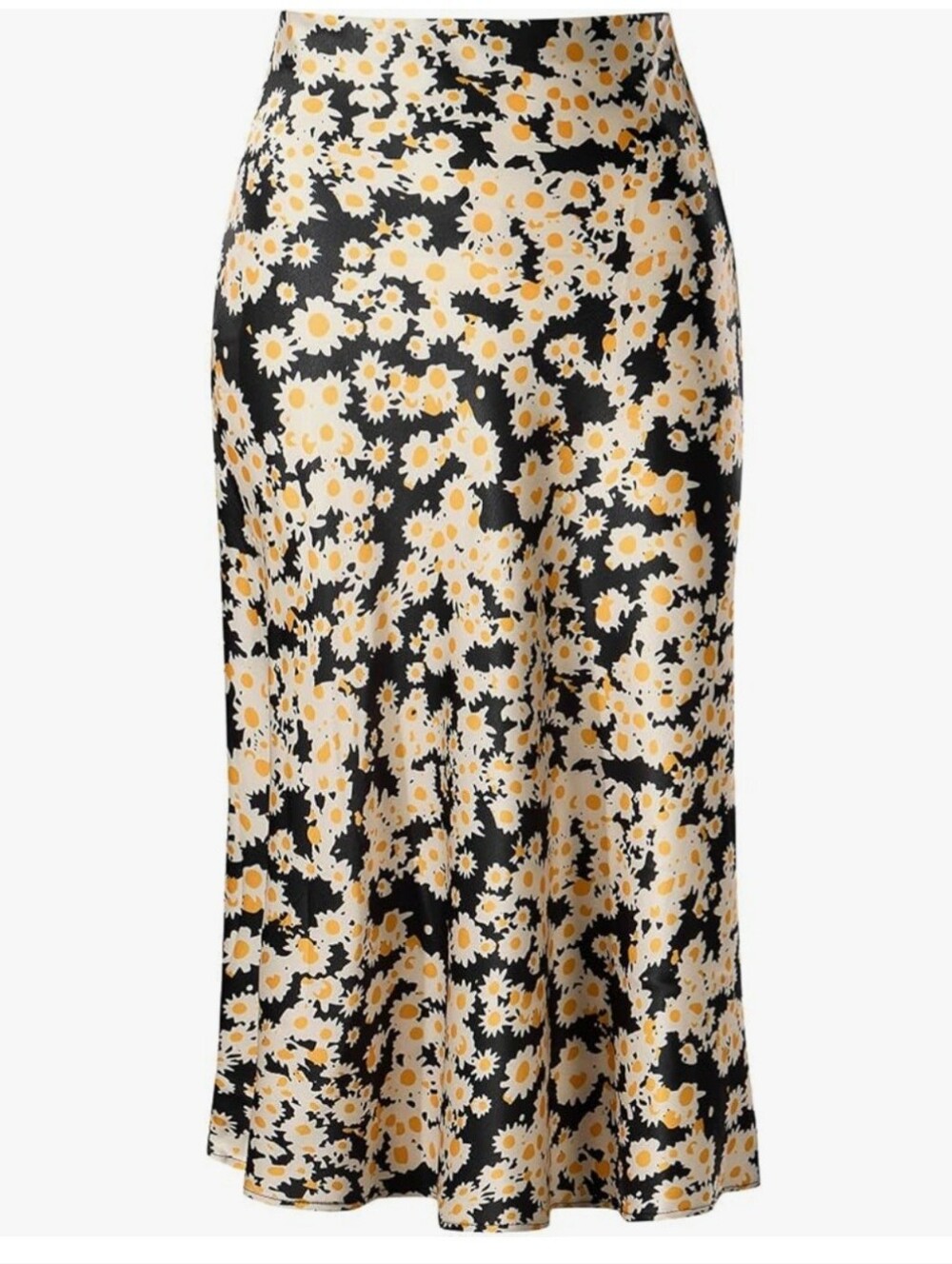 Floral Daisy Print Satin Midi Skirt - Size XL - Black & Yellow